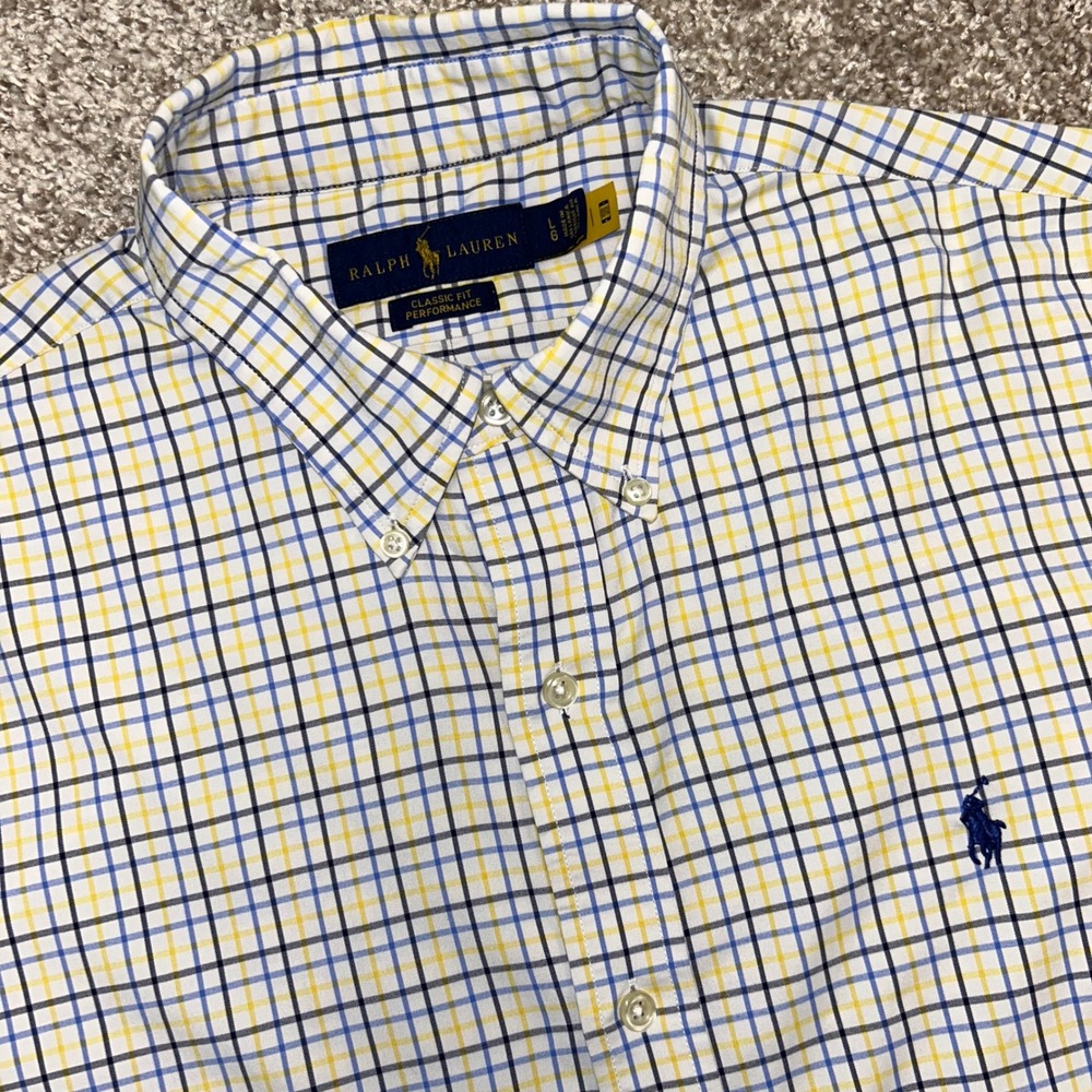 Ralph Lauren Classic Fit Performance Button Down Shirt Men LG Blue Yellow Plaid